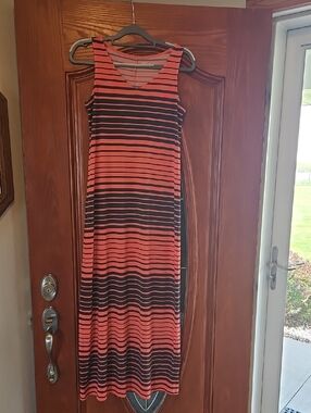 Sleeveless Coral and Grey Striped Maxi Dress